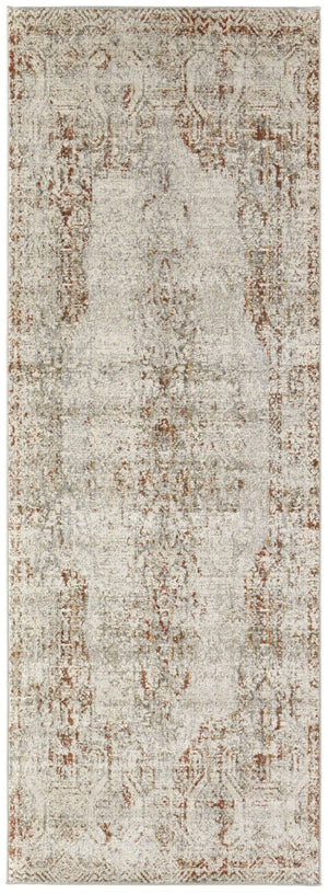 HomeRoots 3' Gray Ivory and Burnt Orange Distressed Oriental Area Rug with Tasseled Fringes for Timeless Style 10' Runner 567243