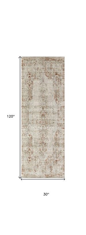 HomeRoots 3' Gray Ivory and Burnt Orange Distressed Oriental Area Rug with Tasseled Fringes for Timeless Style 10' Runner 567243