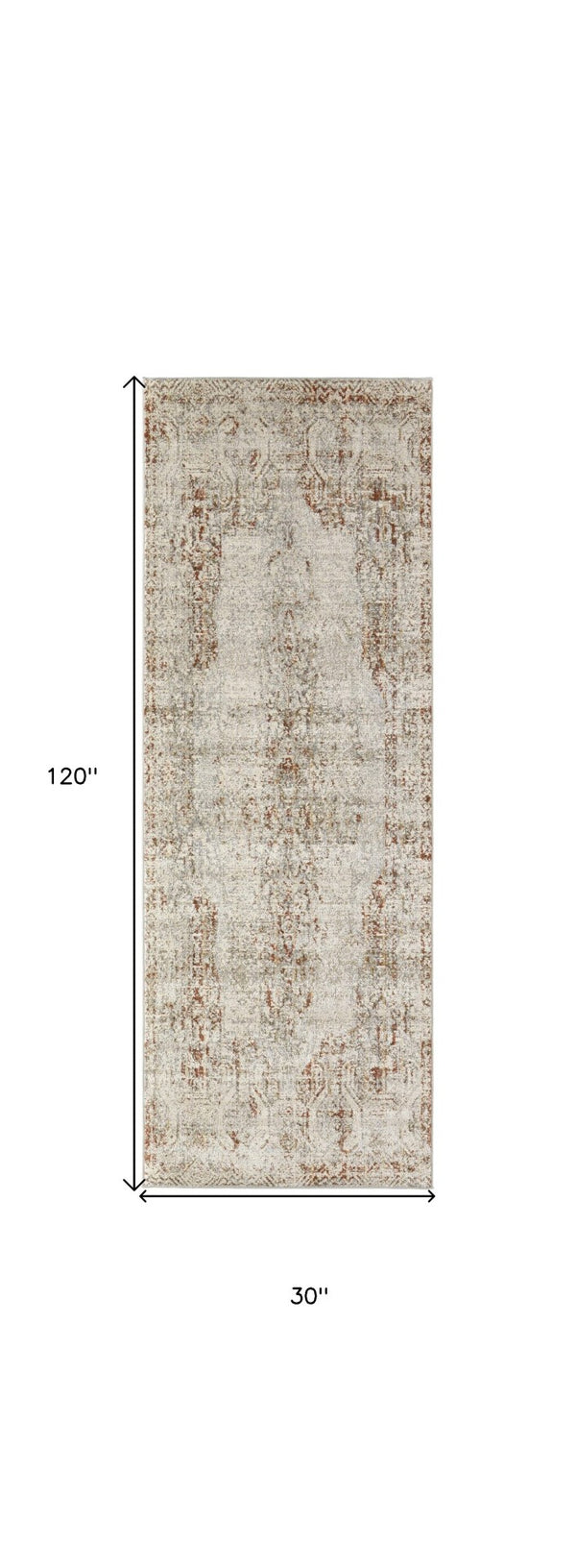 HomeRoots 3' Gray Ivory and Burnt Orange Distressed Oriental Area Rug with Tasseled Fringes for Timeless Style 10' Runner 567243