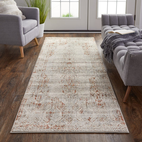 HomeRoots 3' Gray Ivory and Burnt Orange Distressed Oriental Area Rug with Tasseled Fringes for Timeless Style 12' Runner 567244