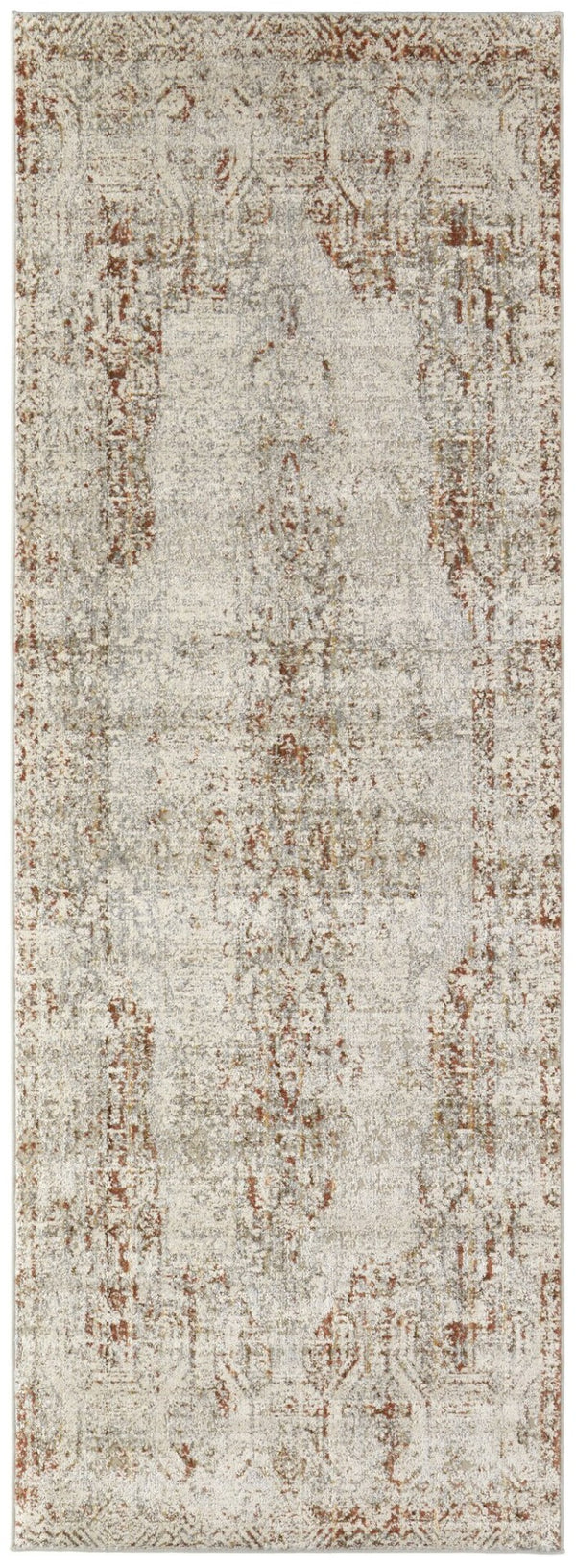 HomeRoots 3' Gray Ivory and Burnt Orange Distressed Oriental Area Rug with Tasseled Fringes for Timeless Style 12' Runner 567244