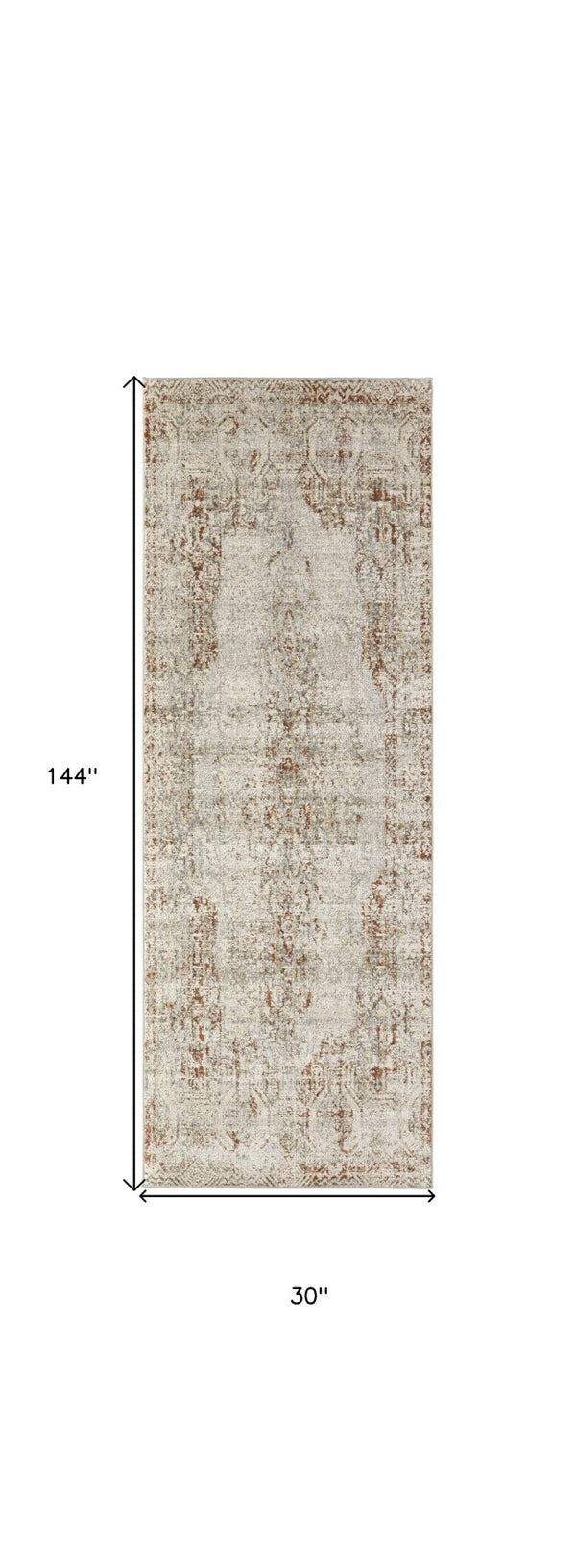 HomeRoots 3' Gray Ivory and Burnt Orange Distressed Oriental Area Rug with Tasseled Fringes for Timeless Style 12' Runner 567244