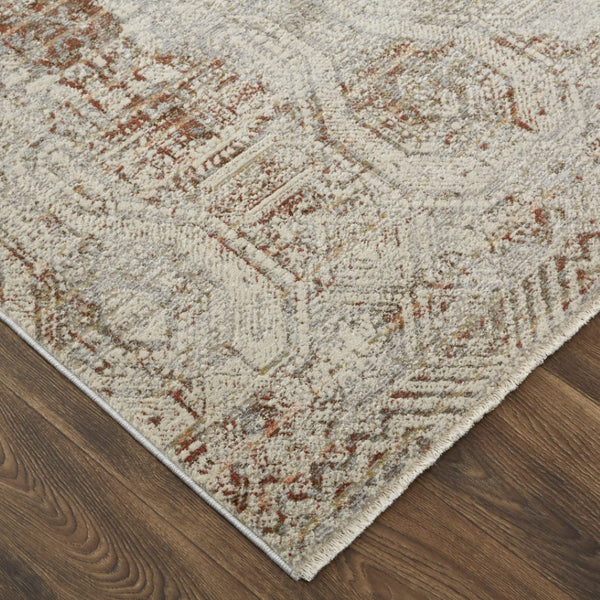 HomeRoots 3' Gray Ivory and Burnt Orange Distressed Oriental Area Rug with Tasseled Fringes for Timeless Style 8' Runner 567245