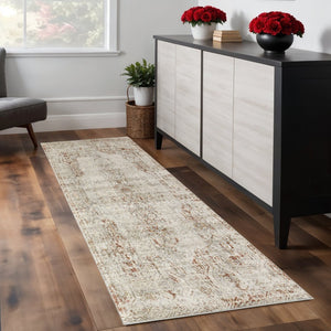 HomeRoots 3' Gray Ivory and Burnt Orange Distressed Oriental Area Rug with Tasseled Fringes for Timeless Style 8' Runner 567245