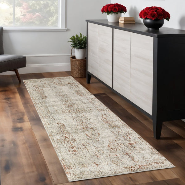 HomeRoots 3' Gray Ivory and Burnt Orange Distressed Oriental Area Rug with Tasseled Fringes for Timeless Style 8' Runner 567245