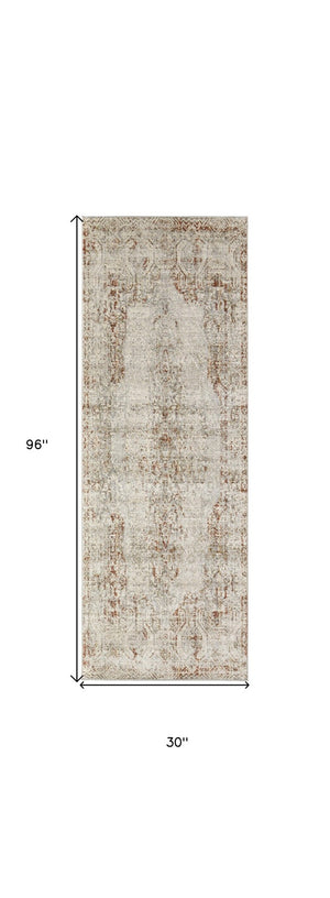 HomeRoots 3' Gray Ivory and Burnt Orange Distressed Oriental Area Rug with Tasseled Fringes for Timeless Style 8' Runner 567245