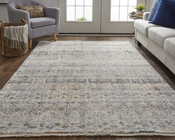 HomeRoots 3' Gray, Ivory, and Blue Abstract Area Rug with Fringe - Elegant Power Loomed Design for Any Room 3' X 5' 567246