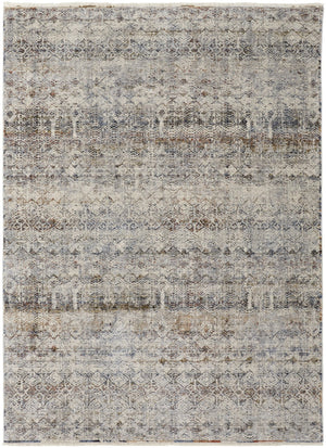 HomeRoots 3' Gray, Ivory, and Blue Abstract Area Rug with Fringe - Elegant Power Loomed Design for Any Room 3' X 5' 567246