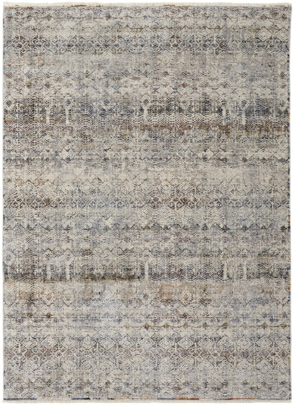 HomeRoots 3' Gray, Ivory, and Blue Abstract Area Rug with Fringe - Elegant Power Loomed Design for Any Room 3' X 5' 567246