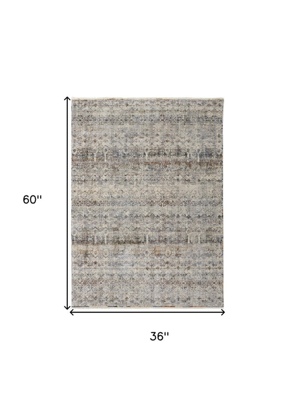 HomeRoots 3' Gray, Ivory, and Blue Abstract Area Rug with Fringe - Elegant Power Loomed Design for Any Room 3' X 5' 567246