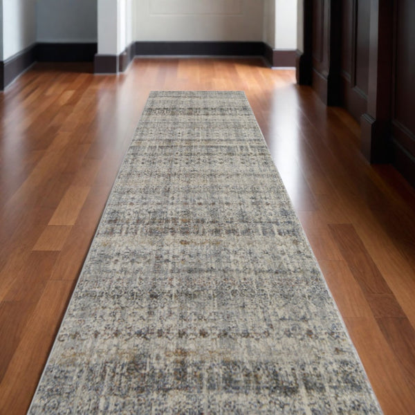 HomeRoots 3' Gray, Ivory, and Blue Abstract Area Rug with Fringe - Elegant Power Loomed Design for Any Room 10' Runner 567247