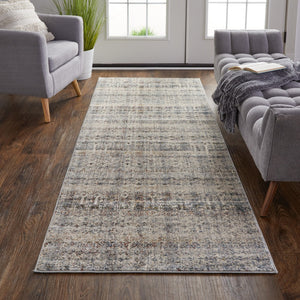 HomeRoots 3' Gray, Ivory, and Blue Abstract Area Rug with Fringe - Elegant Power Loomed Design for Any Room 10' Runner 567247
