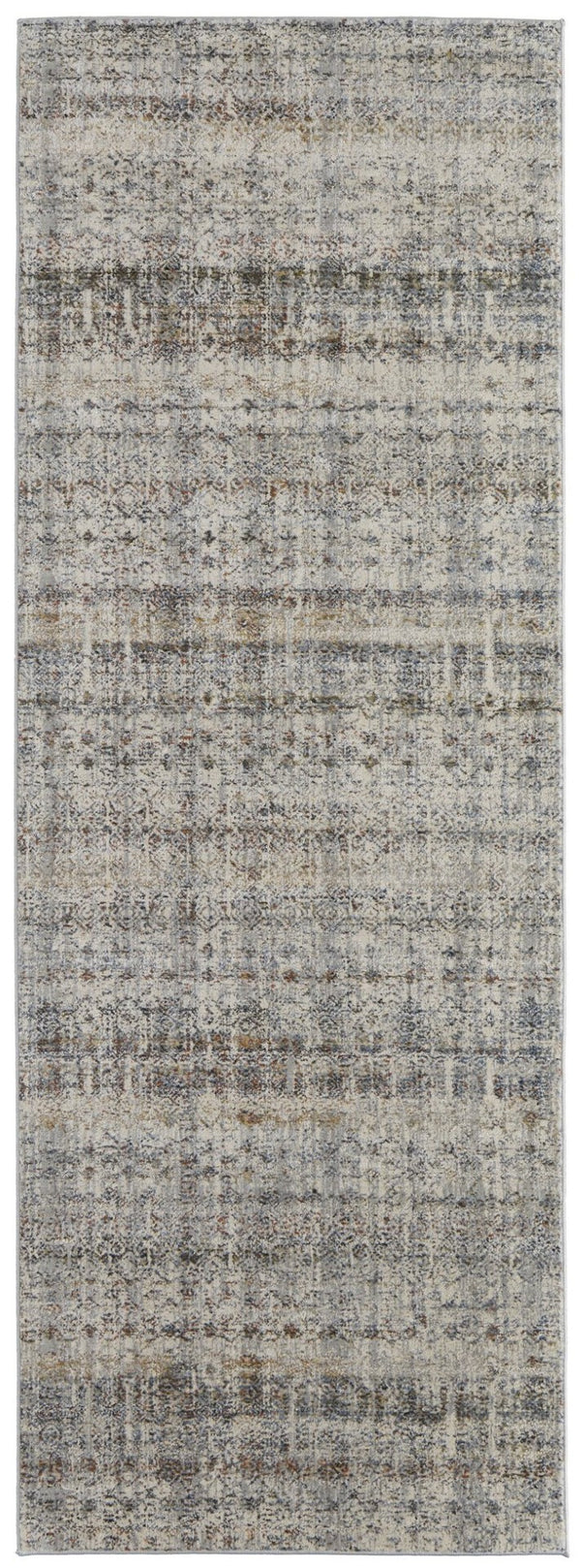 HomeRoots 3' Gray, Ivory, and Blue Abstract Area Rug with Fringe - Elegant Power Loomed Design for Any Room 10' Runner 567247