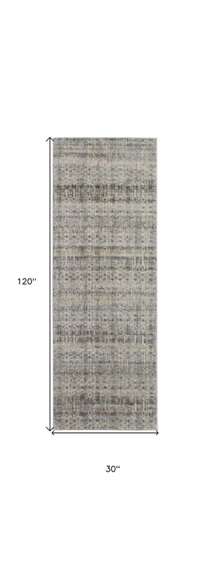 HomeRoots 3' Gray, Ivory, and Blue Abstract Area Rug with Fringe - Elegant Power Loomed Design for Any Room 10' Runner 567247