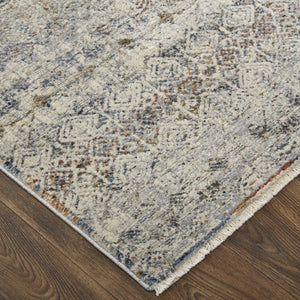 HomeRoots 3' Gray, Ivory, and Blue Abstract Area Rug with Fringe - Elegant Power Loomed Design for Any Room 12' Runner 567248