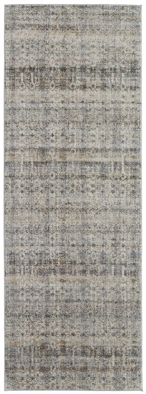 HomeRoots 3' Gray, Ivory, and Blue Abstract Area Rug with Fringe - Elegant Power Loomed Design for Any Room 12' Runner 567248
