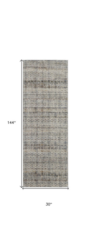HomeRoots 3' Gray, Ivory, and Blue Abstract Area Rug with Fringe - Elegant Power Loomed Design for Any Room 12' Runner 567248