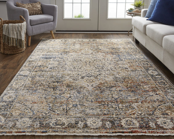 Homeroots 3' X 5' Tan Blue And Brown Oriental Power Loom Area Rug With Fringe Gray Polypropylene 567250