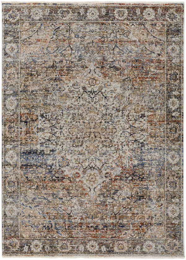 Homeroots 3' X 5' Tan Blue And Brown Oriental Power Loom Area Rug With Fringe Gray Polypropylene 567250
