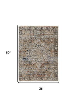 Homeroots 3' X 5' Tan Blue And Brown Oriental Power Loom Area Rug With Fringe Gray Polypropylene 567250