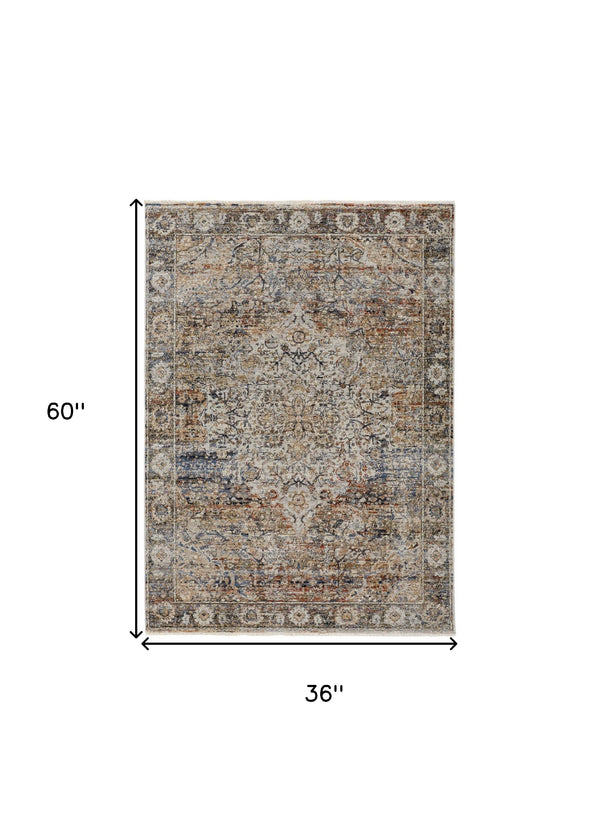 Homeroots 3' X 5' Tan Blue And Brown Oriental Power Loom Area Rug With Fringe Gray Polypropylene 567250