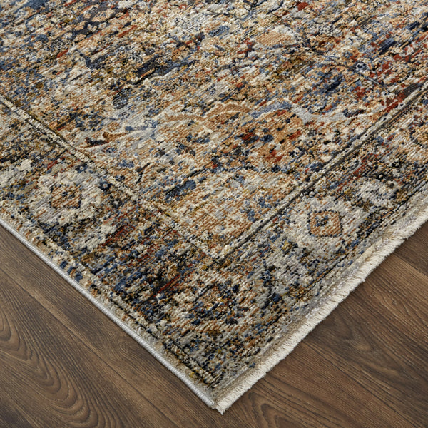 Homeroots 10' Tan Blue And Brown Oriental Power Loom Runner Rug With Fringe Gray Polypropylene 567251