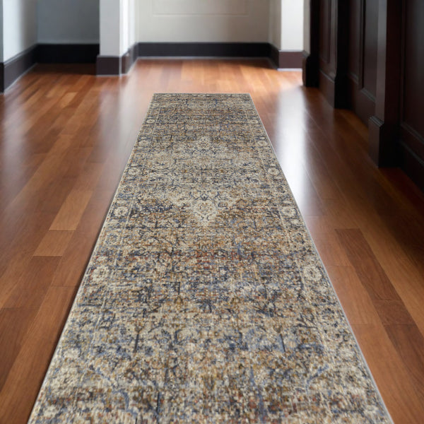 Homeroots 10' Tan Blue And Brown Oriental Power Loom Runner Rug With Fringe Gray Polypropylene 567251