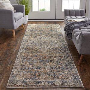 Homeroots 12' Tan Blue And Brown Oriental Power Loom Runner Rug With Fringe Gray Polypropylene 567252