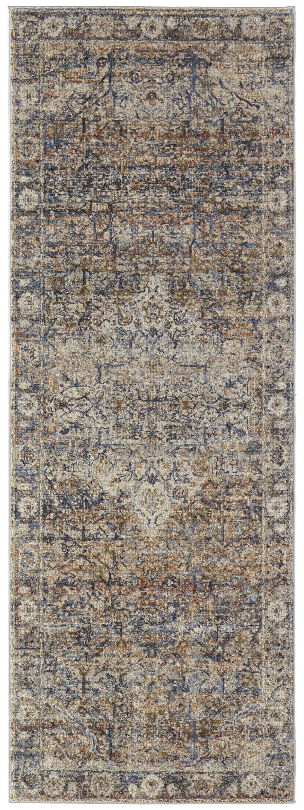 Homeroots 12' Tan Blue And Brown Oriental Power Loom Runner Rug With Fringe Gray Polypropylene 567252