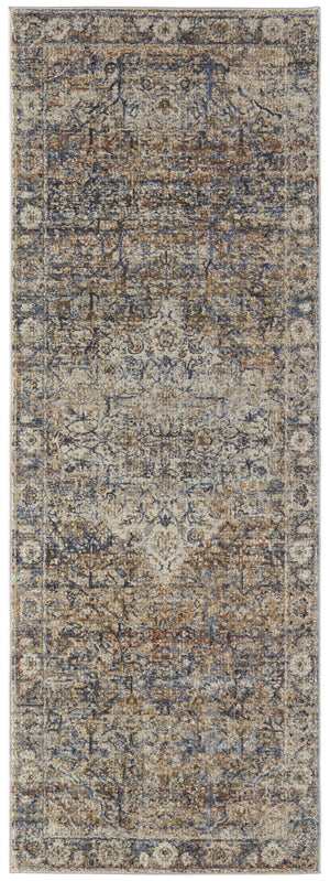 Homeroots 12' Tan Blue And Brown Oriental Power Loom Runner Rug With Fringe Gray Polypropylene 567252