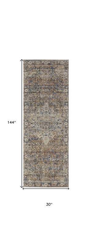 Homeroots 12' Tan Blue And Brown Oriental Power Loom Runner Rug With Fringe Gray Polypropylene 567252
