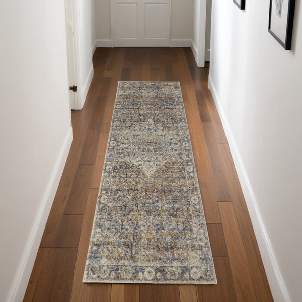 Homeroots 8' Tan Blue And Brown Oriental Power Loom Runner Rug With Fringe Gray Polypropylene 567253