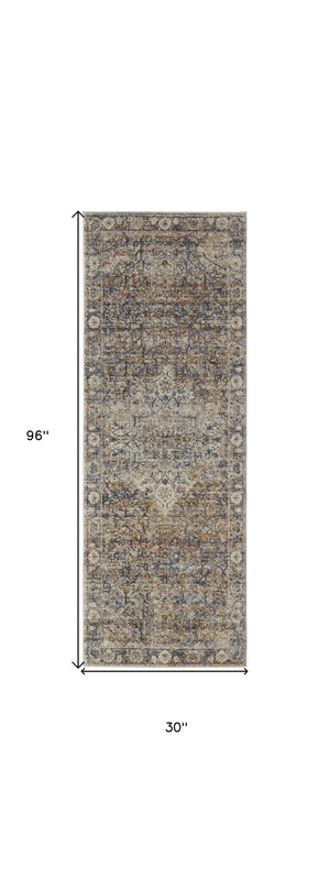 Homeroots 8' Tan Blue And Brown Oriental Power Loom Runner Rug With Fringe Gray Polypropylene 567253