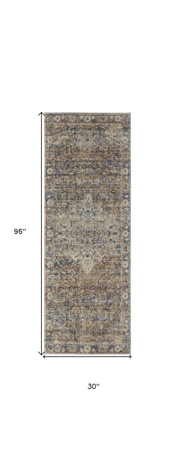 Homeroots 8' Tan Blue And Brown Oriental Power Loom Runner Rug With Fringe Gray Polypropylene 567253
