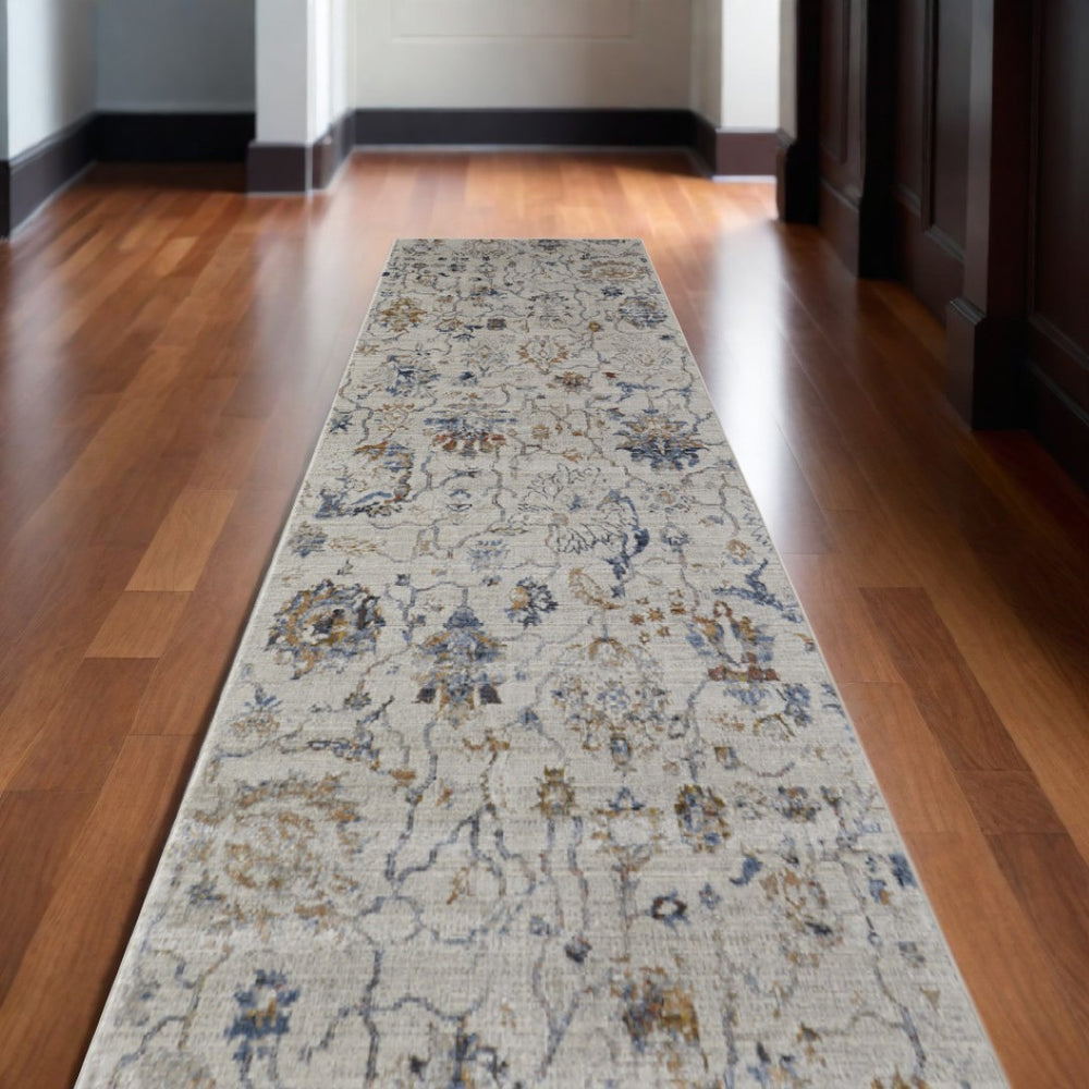 HomeRoots 3' Vintage-Inspired Floral Area Rug with Distressed Design and Tasseled Fringe for Timeless Charm 10' Runner 567259