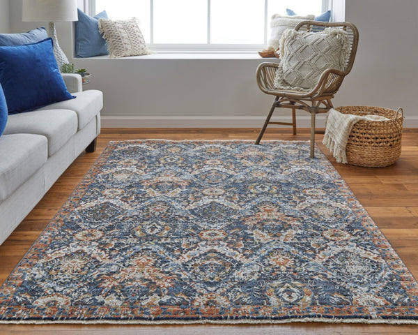 HomeRoots 3' Elegant Floral Area Rug in Ivory, Blue & Burnt Orange with Fringe - Durable & Stylish Accent Piece 3' X 5' 567262