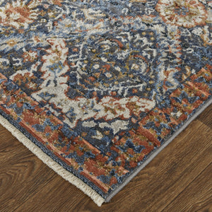 HomeRoots 3' Elegant Floral Area Rug in Ivory, Blue & Burnt Orange with Fringe - Durable & Stylish Accent Piece 3' X 5' 567262