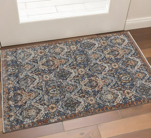 HomeRoots 3' Elegant Floral Area Rug in Ivory, Blue & Burnt Orange with Fringe - Durable & Stylish Accent Piece 3' X 5' 567262