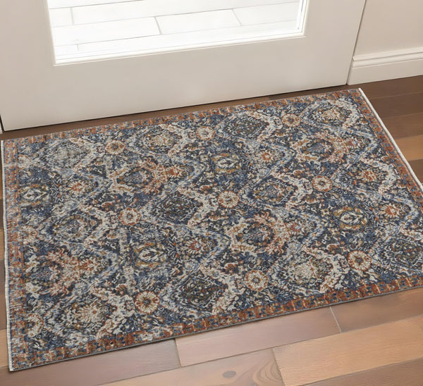 HomeRoots 3' Elegant Floral Area Rug in Ivory, Blue & Burnt Orange with Fringe - Durable & Stylish Accent Piece 3' X 5' 567262