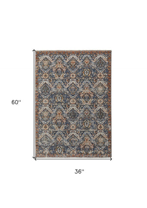 HomeRoots 3' Elegant Floral Area Rug in Ivory, Blue & Burnt Orange with Fringe - Durable & Stylish Accent Piece 3' X 5' 567262