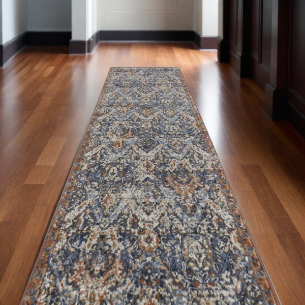 HomeRoots 3' Elegant Floral Area Rug in Ivory, Blue & Burnt Orange with Fringe - Durable & Stylish Accent Piece 10' Runner 567263