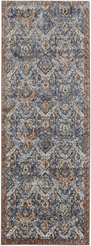 HomeRoots 3' Elegant Floral Area Rug in Ivory, Blue & Burnt Orange with Fringe - Durable & Stylish Accent Piece 10' Runner 567263