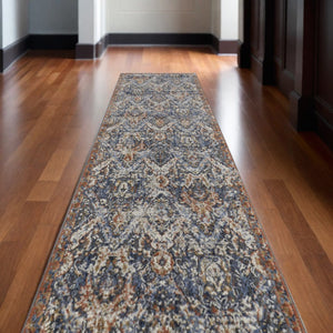 HomeRoots 3' Elegant Floral Area Rug in Ivory, Blue & Burnt Orange with Fringe - Durable & Stylish Accent Piece 12' Runner 567264