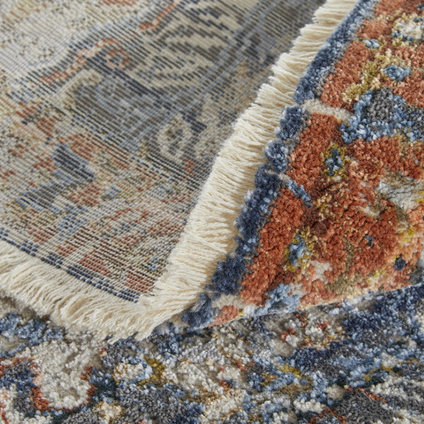 HomeRoots 3' Elegant Floral Area Rug in Ivory, Blue & Burnt Orange with Fringe - Durable & Stylish Accent Piece 12' Runner 567264