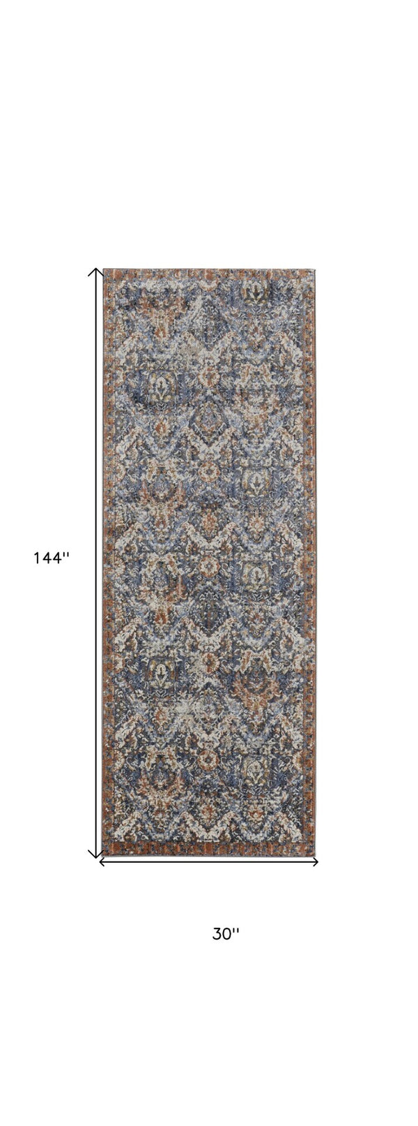 HomeRoots 3' Elegant Floral Area Rug in Ivory, Blue & Burnt Orange with Fringe - Durable & Stylish Accent Piece 12' Runner 567264