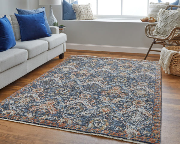 HomeRoots 3' Elegant Floral Area Rug in Ivory, Blue & Burnt Orange with Fringe - Durable & Stylish Accent Piece 8' Runner 567265
