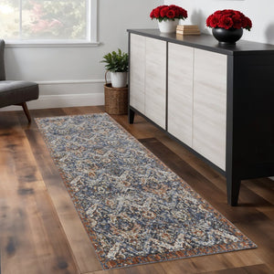 HomeRoots 3' Elegant Floral Area Rug in Ivory, Blue & Burnt Orange with Fringe - Durable & Stylish Accent Piece 8' Runner 567265