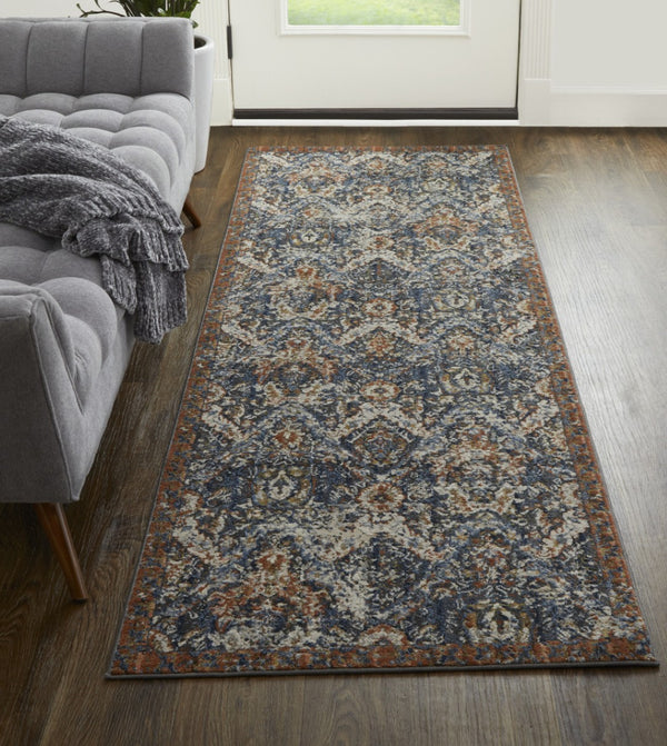 HomeRoots 3' Elegant Floral Area Rug in Ivory, Blue & Burnt Orange with Fringe - Durable & Stylish Accent Piece 8' Runner 567265