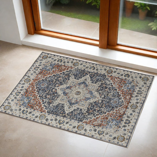 Homeroots 3' X 5' Ivory Red And Blue Oriental Power Loom Area Rug With Fringe Ivory Polypropylene 567266