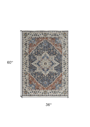 Homeroots 3' X 5' Ivory Red And Blue Oriental Power Loom Area Rug With Fringe Ivory Polypropylene 567266